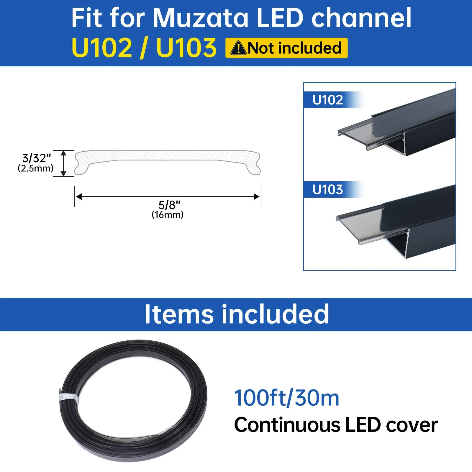 Muzata Continuous Smoky Black LED Cover Lens Black Tape Light Seamless Plastic for U102 U103 Led Channel, LC22 BB