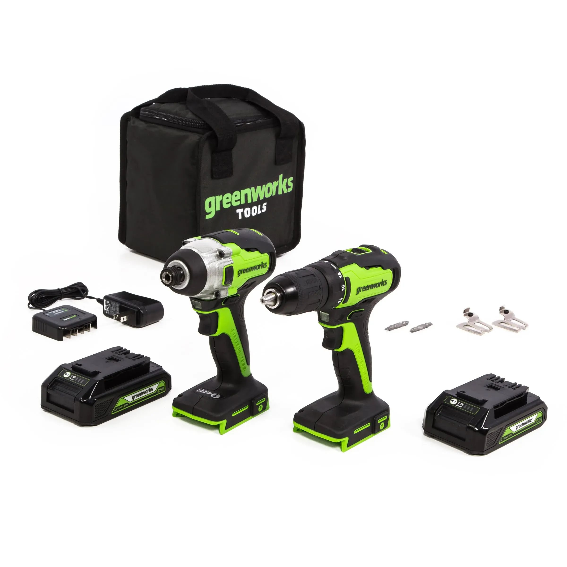 Greenworks 24V Max Cordless Brushless Drill + Impact Combo Kit, (2) 2.0Ah ...