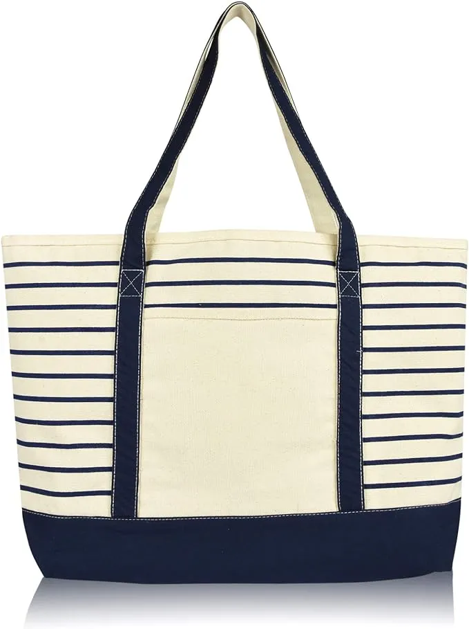 Dalix Small Stripe Tote Deluxe Shoulder Bag Cotton Canvas in Navy Blue