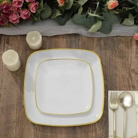 Efavormart 10 Pack | 10 inch Clear with Gold Rim Square Plastic Dinner Plates ...