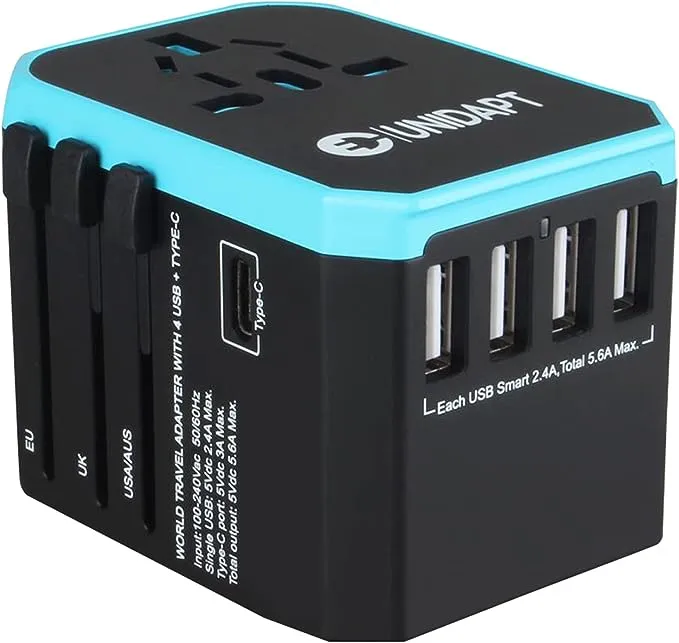 Unidapt Universal Travel Adapter with International Plug, 5.6A Smart Power 3.0A 4 USB 1 Type C, Power Adapter Travel Charger, Outlet Converter Worldwide US to Europe EU AU UK USA(Type C/G/A/I)