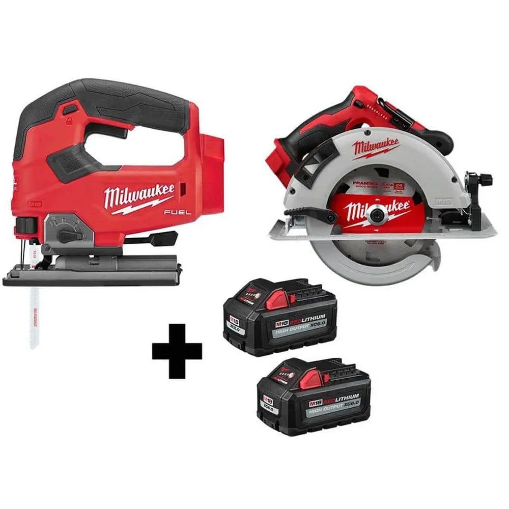 Milwaukee M18 FUEL 18V Lithium-Ion Brushless Cordless Jig Saw and 7-1/4 in. Circular Saw with (2) 6.0Ah Batteries 2737-20-2631-20-48-11-1862