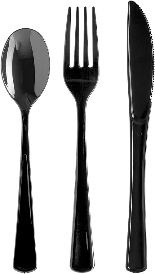 150 Pack Black Plastic Utensils Heavy Duty Cutlery Set 50 Plastic Forks 50 Pl...