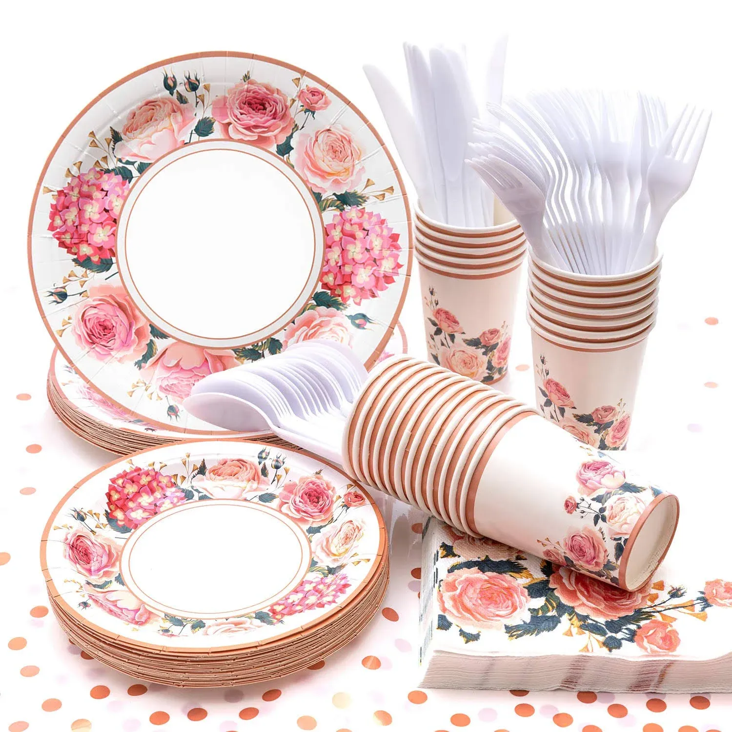 hapray Floral Party Supplies, (Serves 24) Rose Flower Disposable Paper Plates ...