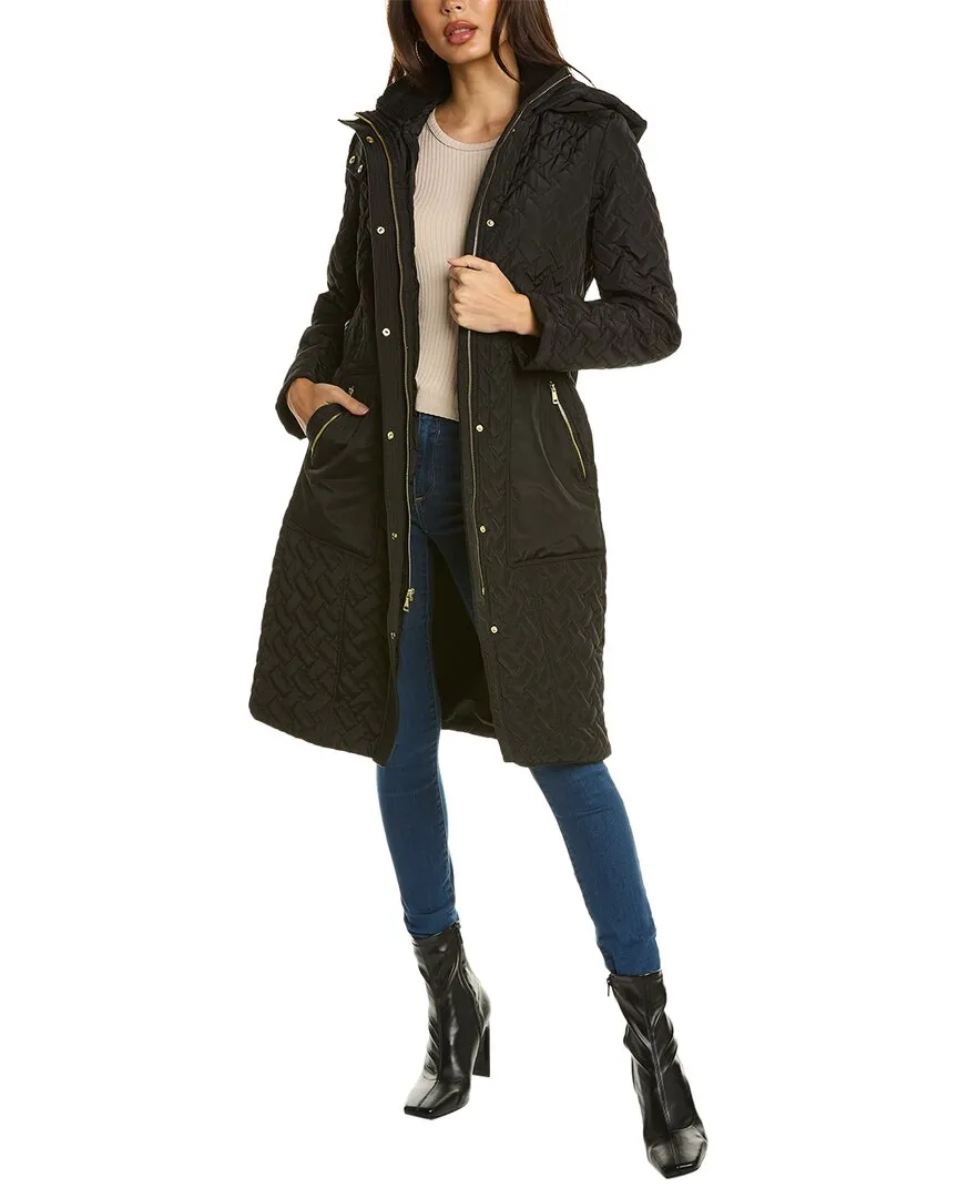 Women's Belted Faux-fur-trim Hooded Coat In Black