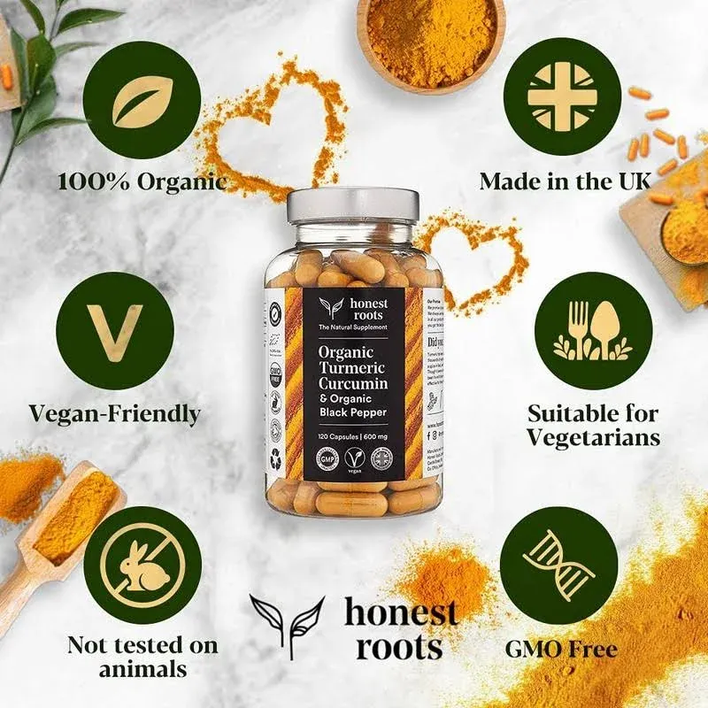 Honest Roots Organic Turmeric Curcumin Supplement with BioPerine for Maximum Absorption & Black Pepper- 600mg - 120 Capsules for Joint Support, Vegan Supplement- Non-GMO, Plant Based & High Potency