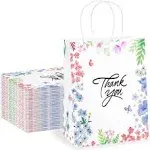 Purple Q Crafts Thank You Gift Bags 50 Pack 8" x 4" x 10" Small Paper Bags with Handles Floral Design Thank You Bags for Business, Boutique, Gif