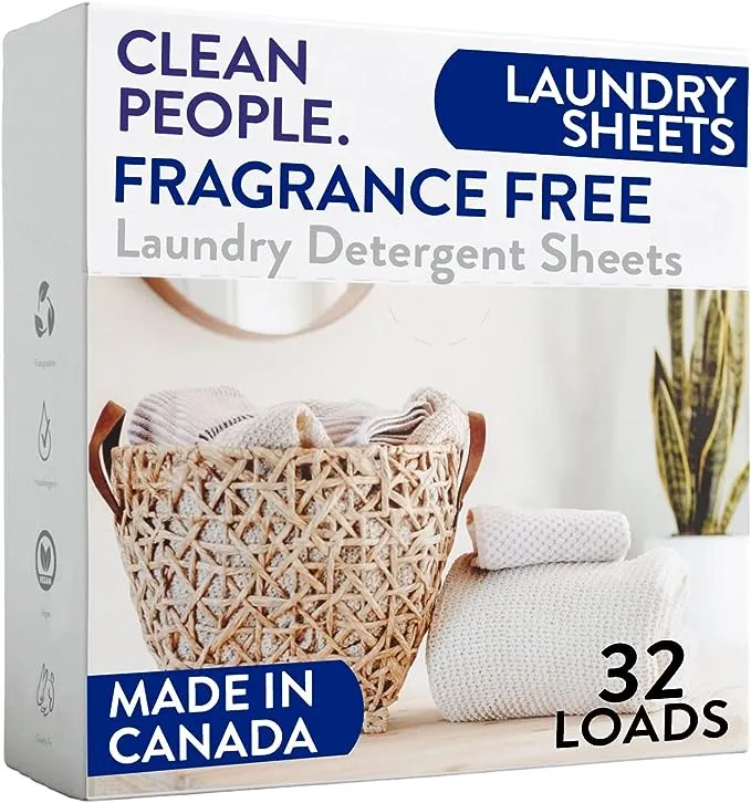 Clean People Laundry Detergent Sheets - Plant-Based, Hypoallergenic Laundry Soap - Ultra Concentrated, Plastic Free, Natural Ingredients, Recyclable Packaging, Stain Fighting - Fresh Scent, 32 Pack