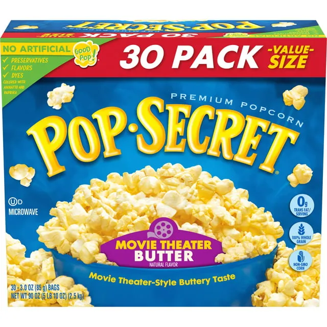 Pop Secret Popcorn, Movie Theater Butter, 3.2 Ounce Microwave Bags, 18 Count Box