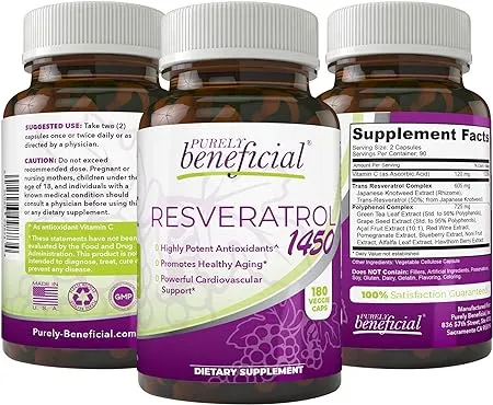 PURELY beneficial RESVERATROL1450-90day Supply, 1450mg per Serving of Potent Antioxidants & Trans-Resveratrol, Promotes Anti-Aging, Cardiovascular Support, Maximum Benefits (1bottle)