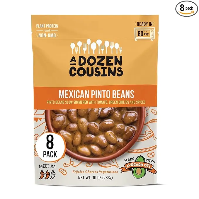 A Dozen Cousins Meals Pinto Beans Ready to Eat, Vegan and Non-GMO Seasoned Beans Made with Avocado Oil (Mexican Pinto Beans, 6-Pack)