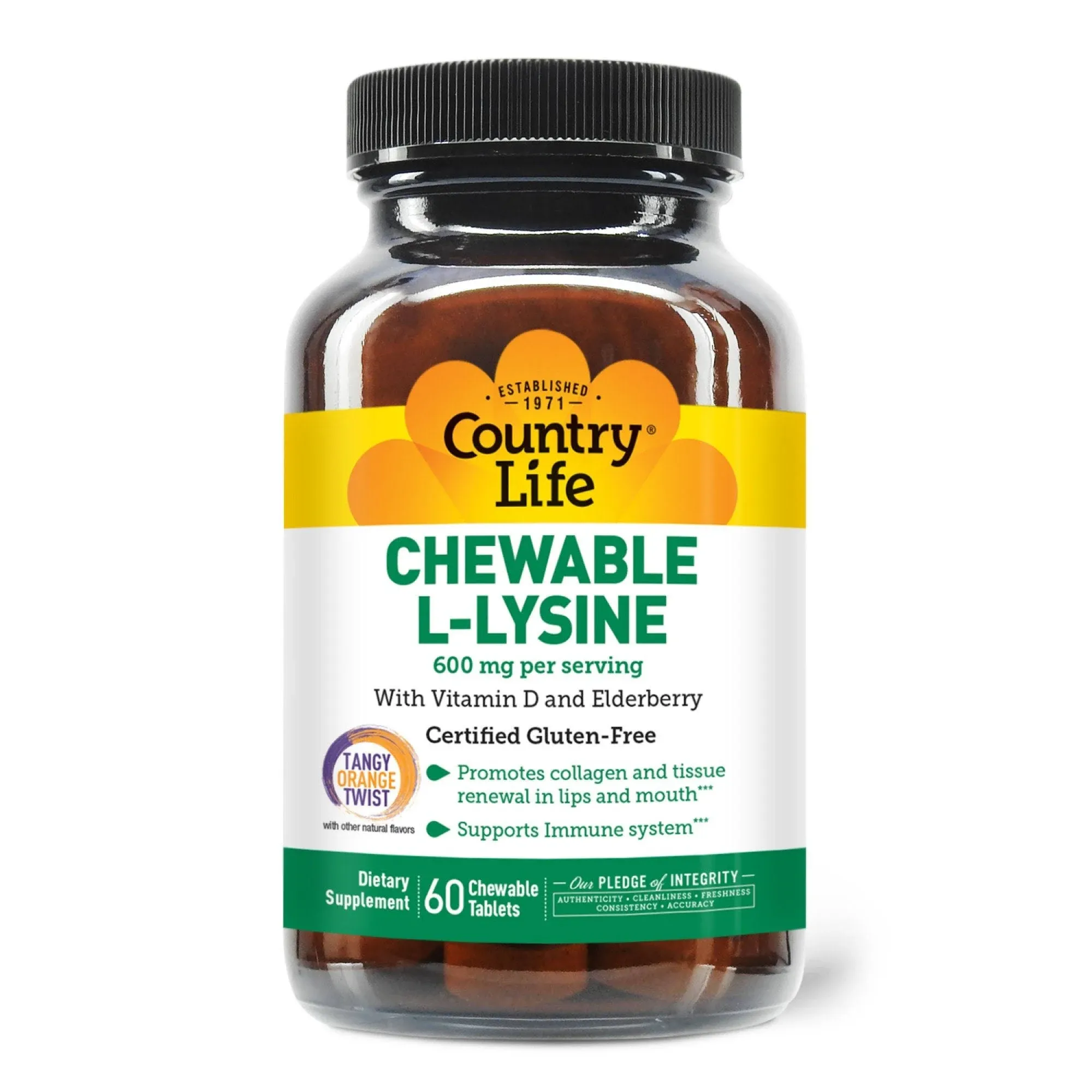 Country Life Chewable L- Lysine 600mg- 60 Chewable Tablets