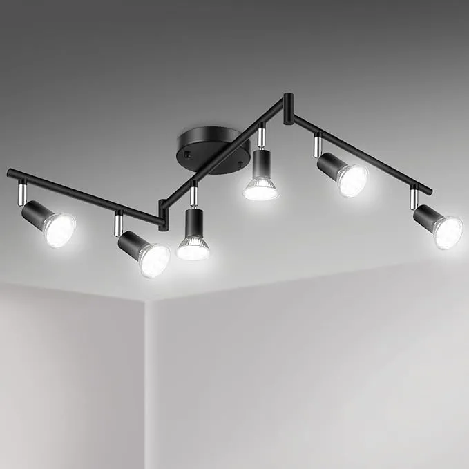 Unicozin LED 6 Light Track Lighting Kit, Black 6 Way Ceiling Spot Lighting, Flexibly Rotatable Light Head, Track Light Included 6 x LED GU10 Bulb (4W, Daylight White 5000K, 400LM)