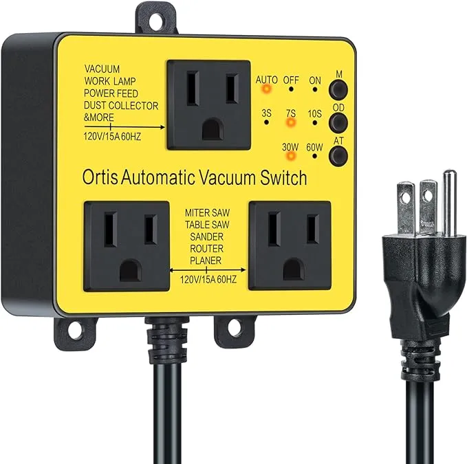 Automatic Vacuum Switch with Extra Outlet for Using More Power Tools, Ortis Dust Control Autoswitch Delay Vacuum On/Off to Prevent Circuit Overload and Tripping, Adjustable Actuation Threshold, Yellow