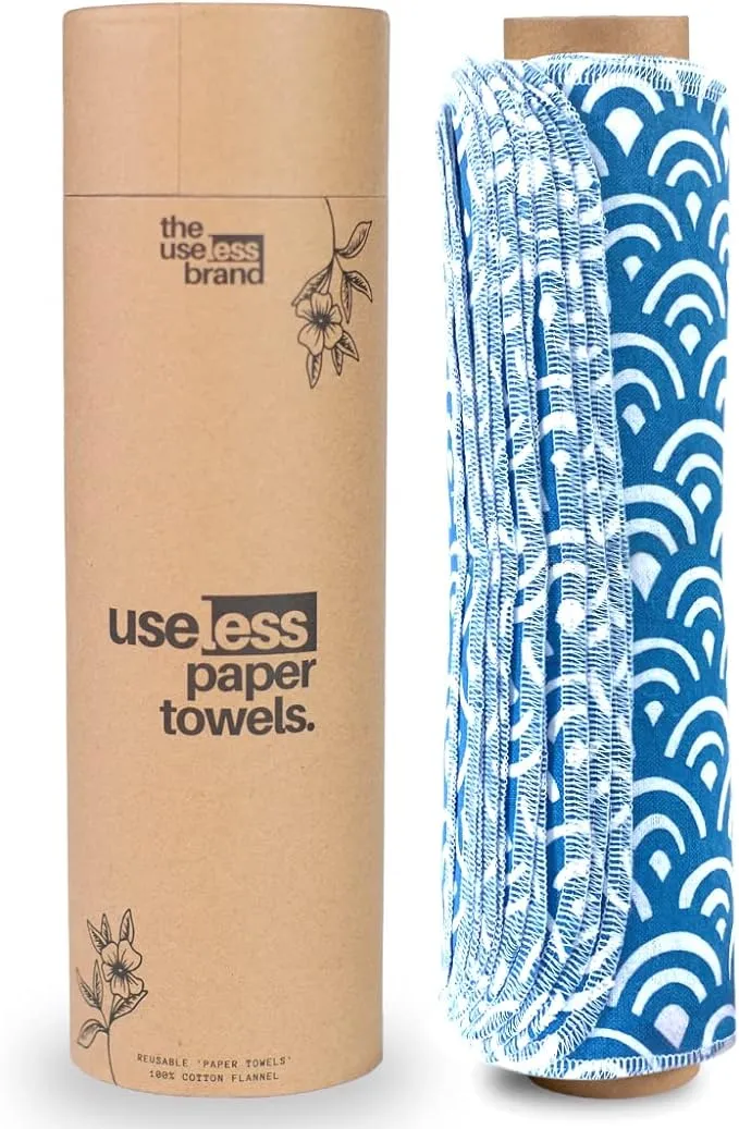 The Useless Brand Reusable Paper Towels Roll | Washable Cotton Flannel Towels w/Cardboard Roll | Fits on All Holders (Rainbow, 12 Towels)