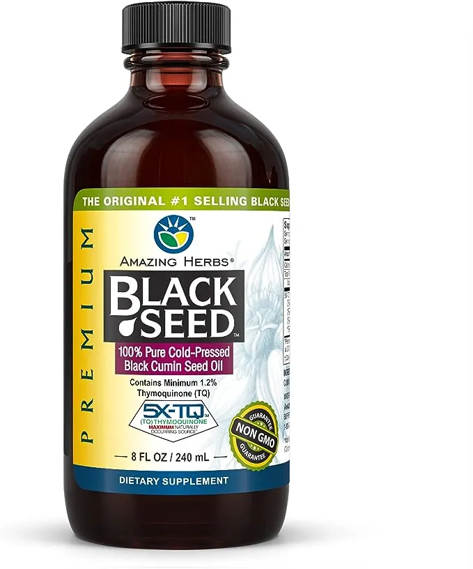 Amazing Herbs Premium Black Seed Oil - Gluten Free, Non GMO, Cold Pressed Nigella Sativa Aids in Digestive Health, Immune Support, Brain Function - 8 Fl Oz