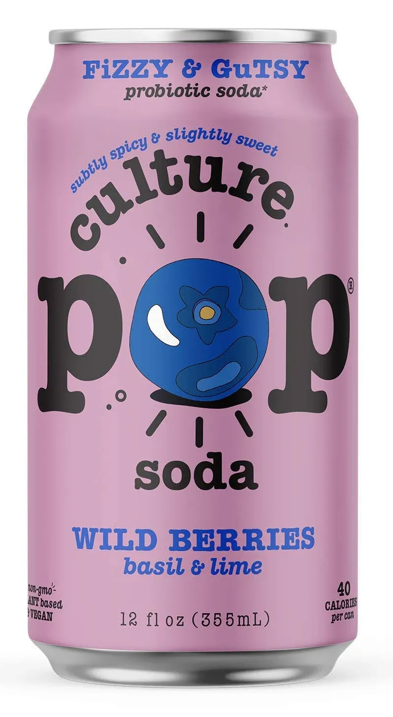 Culture Pop Soda Sparkling Probiotic Drink, Vegan Soda for Gut Health, Non-GMO, GF, No Added Sugar, 12 Pack, 12 Fl Oz Cans, Wild Berries