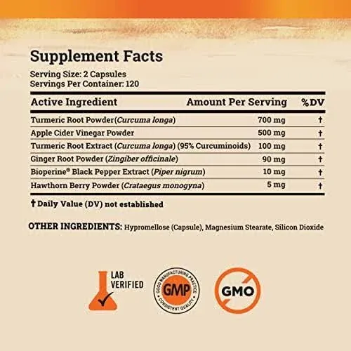 Turmeric Curcumin Supplement with Ginger & Apple Cider Vinegar (240 Count) - Bioperine Black Pepper, Tumeric & Ginger - 95% Curcuminoids & Joint