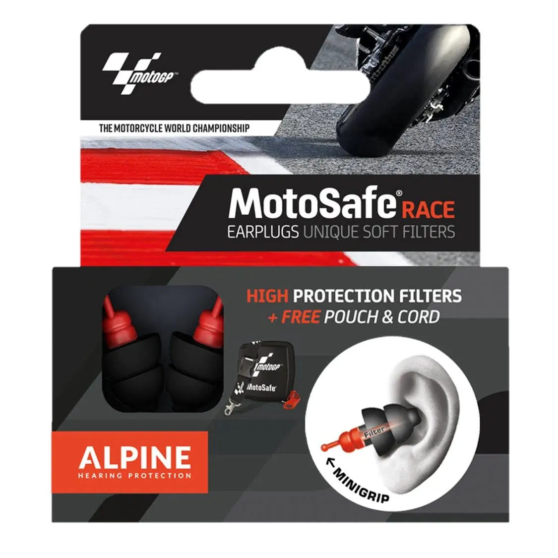 Alpine MotoSafe Race MotoGP™ - Reusable Earplugs for Bikers – Easy to wear with The Helmet - CE & UKCA Certified – 20dB Reduction – Ultra Soft Comfort Filters