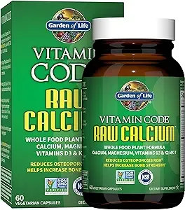 Garden of Life Raw Calcium Supplement for Women and Men - Vitamin Code Made from Whole Foods with Magnesium, K2, Vitamin D3 and Vitamin C Plus Probiotics for Digestion, 60 Capsules