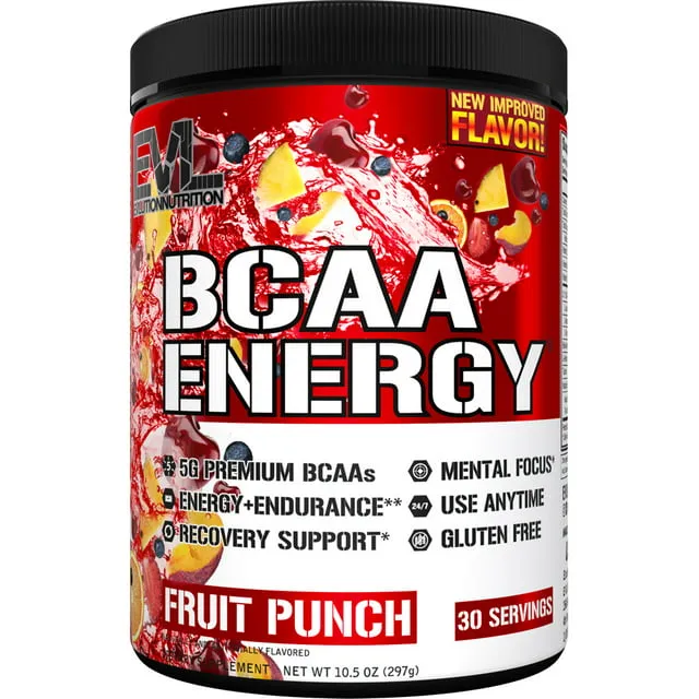 EVL BCAAs Amino Acids Powder - BCAA Energy Pre Workout Powder for Muscle Recovery Lean Growth and Endurance - Rehydrating BCAA Powder Post Workout Recovery Drink with Natural Caffeine - Fruit Punch