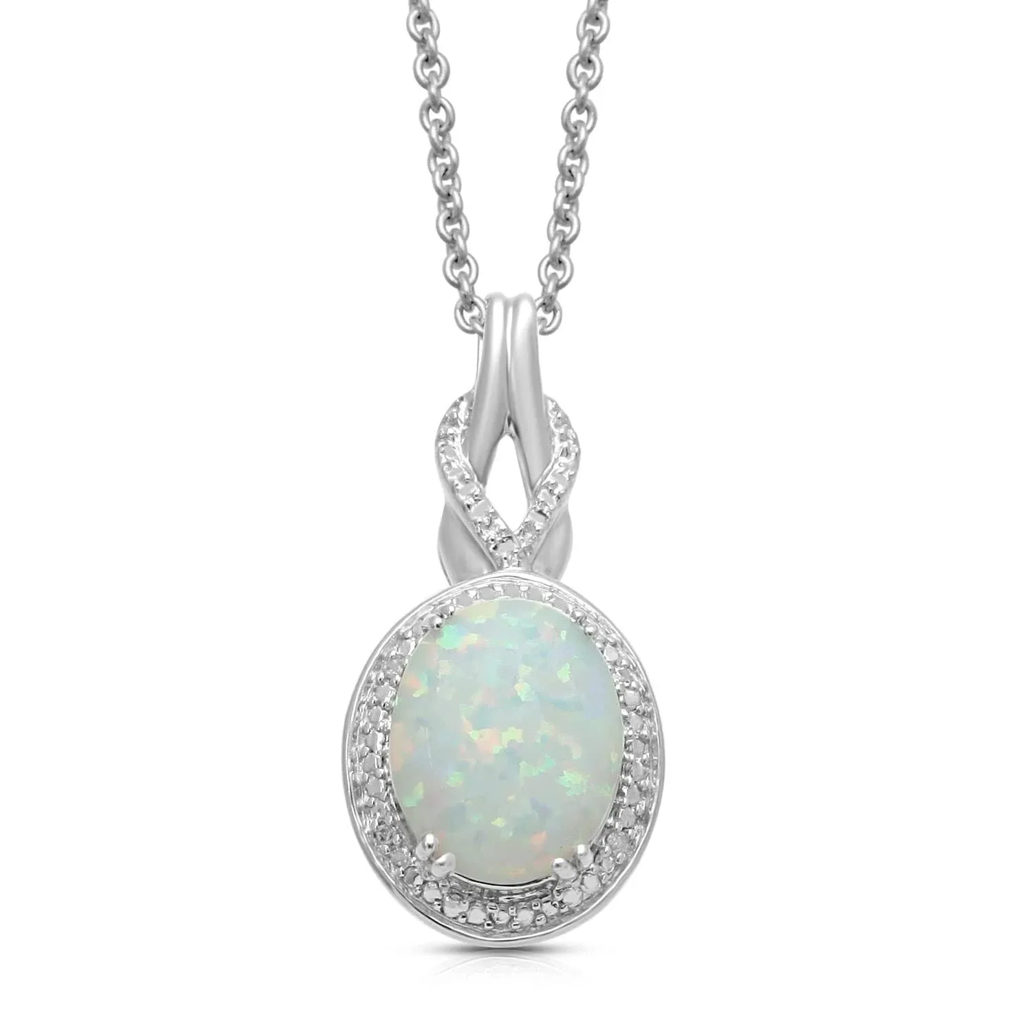 Jewelili Created Oval Opal Necklace Pendant for Women with Diamonds and October Birthstone in Sterling Silver 18" Rolo Chain