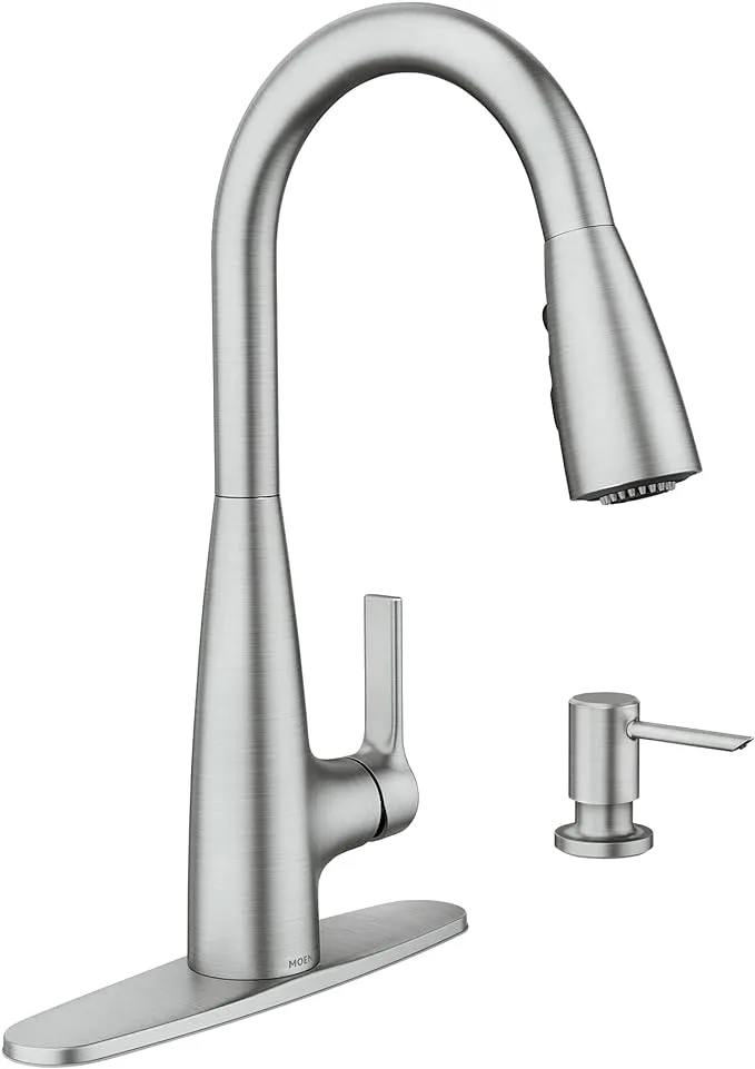 Moen Haelyn Spot Resist Stainless Single-Handle Pull-Down Sprayer Kitchen Faucet Featuring Power Boost for a Faster Clean, Soap Dispenser Included, 87627SRS