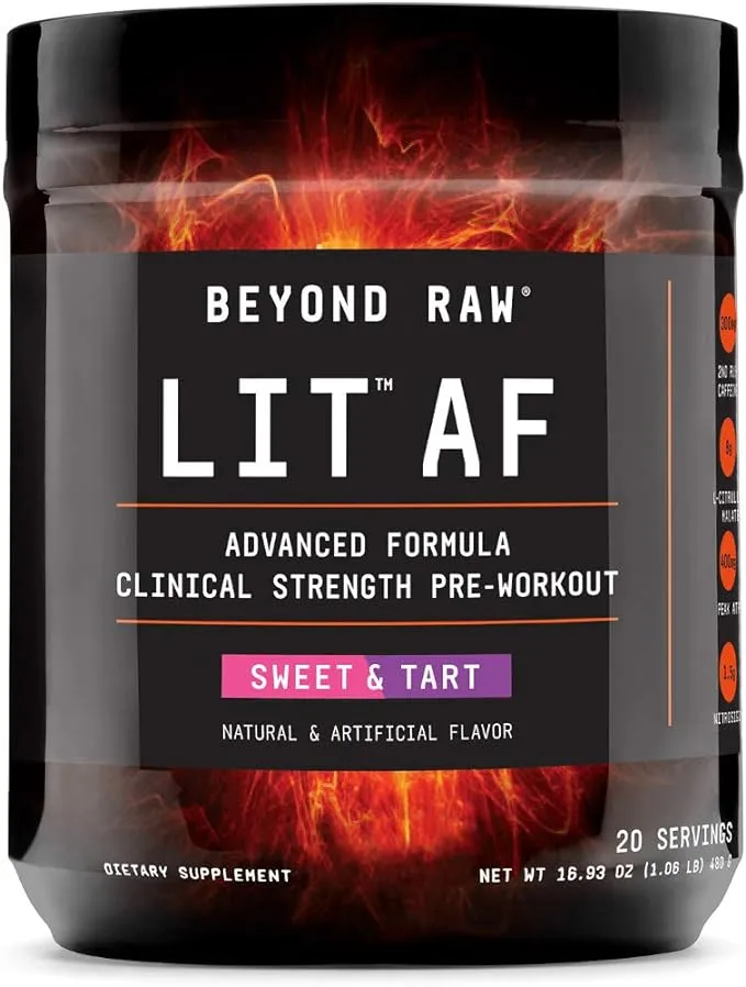 BEYOND RAW LIT AF | Advanced Formula Clinical Strength Pre-Workout Powder | Contains Caffeine, L-Citruline, and Nitrosigine | Sweet & Tart | 20 Servings