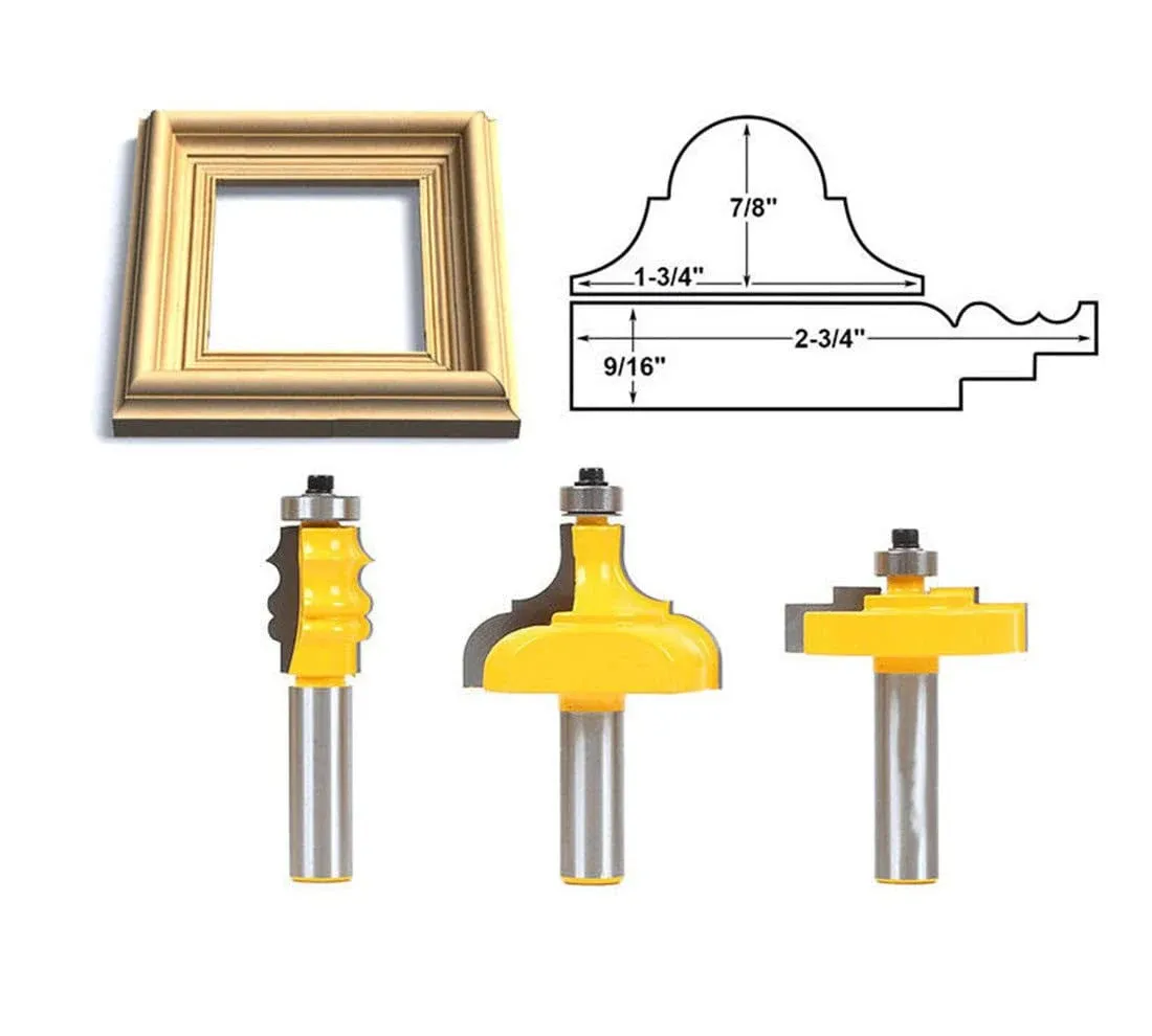 3Pcs 1/2&#034; Shank Picture Frame/Molding Router Bits Set