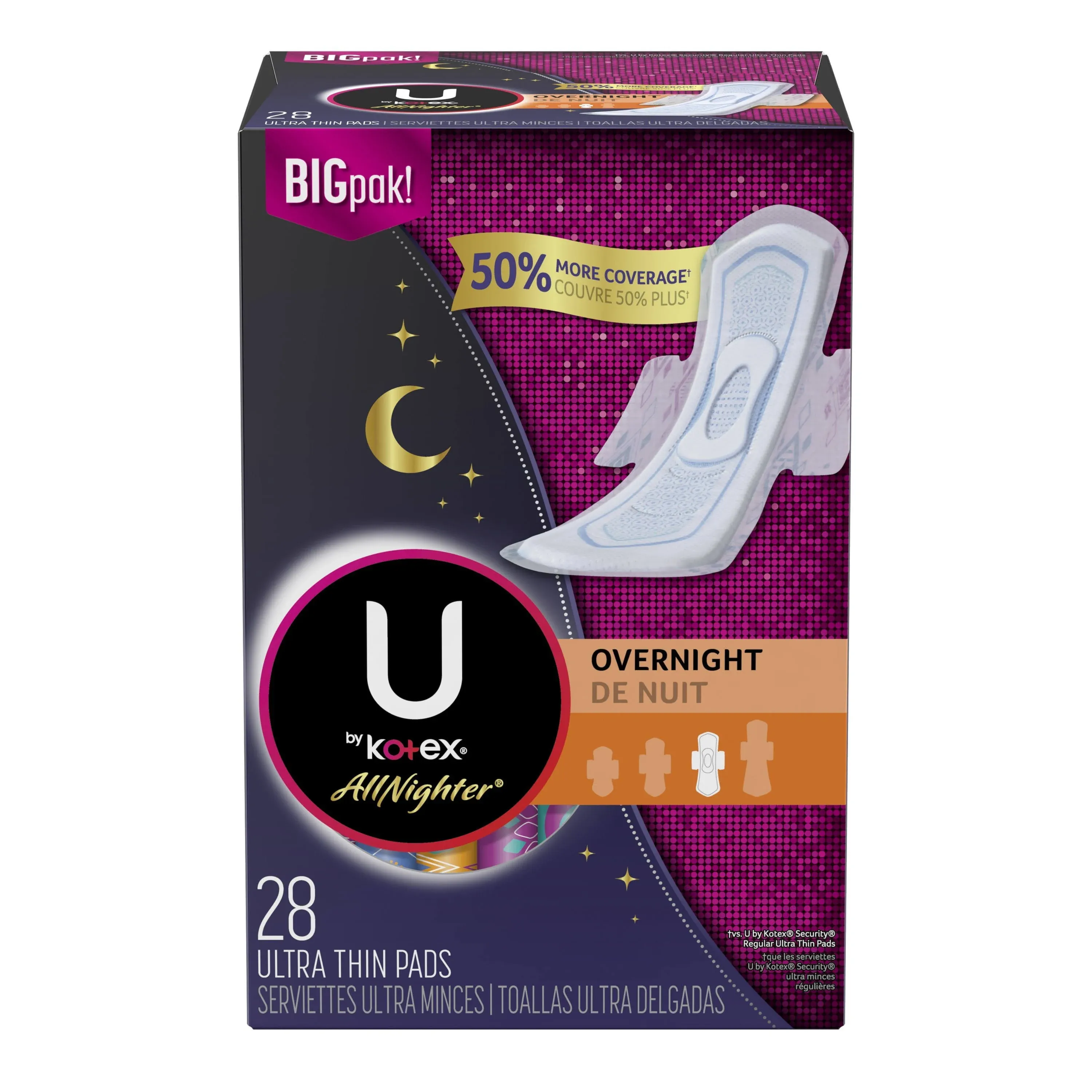 U By Kotex All Nighter Pads, Ultra Thin, Overnight, Big Pak - 28 pads