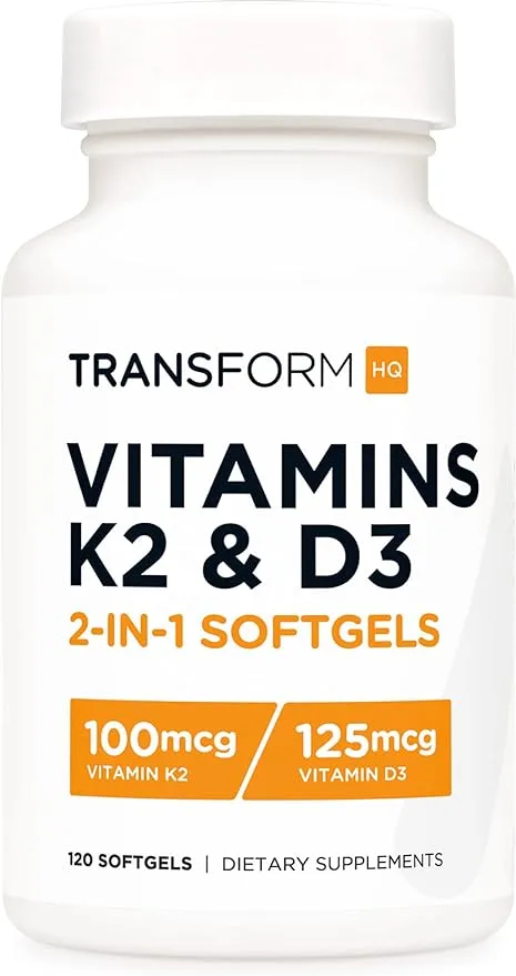 TransformHQ Vitamin K2 (MK7) (100mcg) + Vitamin D3 (5000 IU) 120 Softgels - Gluten Free and Non-GMO