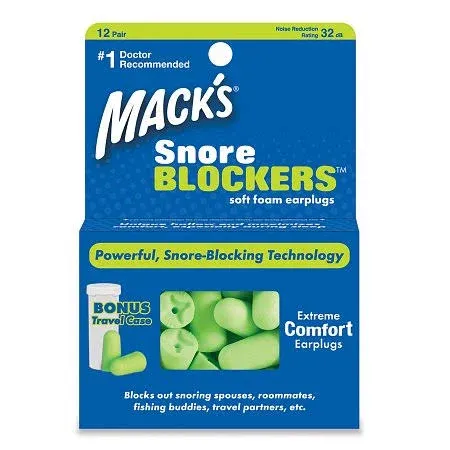 Mack’s Snore Blockers Soft Foam Earplugs, 12 Pair – 32 dB High NRR, 37 dB SNR – Comfortable Ear Plugs for Sleeping, Snoring, Loud Noise and Travel