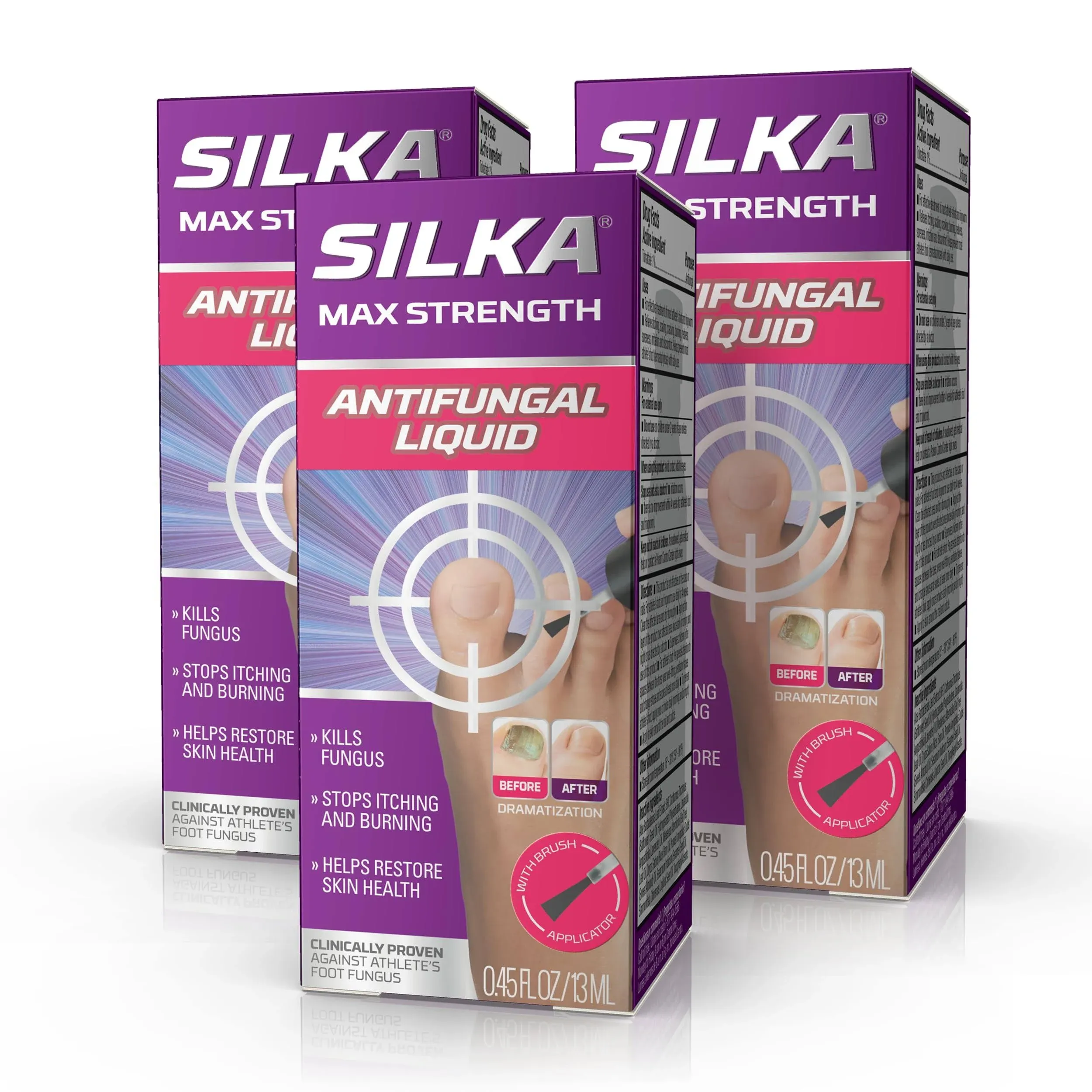 SILKA Max Strength Antifungal Liquid for Toenail Health, With Brush Applicator, Treats Fungus, Ringworm & Athlete’s Foot, Restores Appearance of Discolored Nail, Tolnaftate 1%, 0.45 Fl Oz, Pack of 3