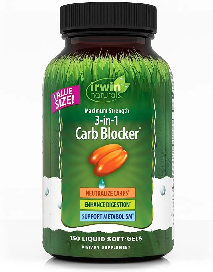 Irwin Naturals Maximum Strength 3-in-1 Carb Blocker - Neutralize Carbohydrates and Support Metabolism - 150 Liquid Softgels