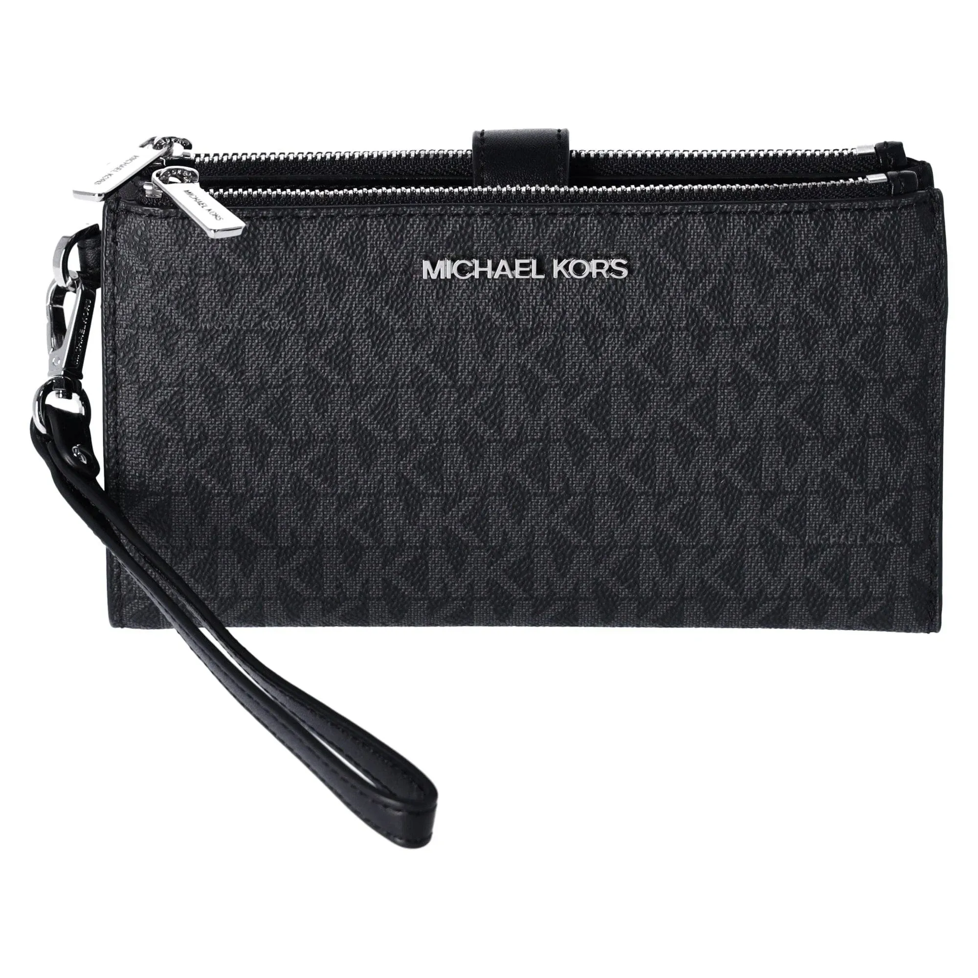 Michael Kors Jet Set Travel Double Zip Saffiano Leather Wristlet Wallet (Black PVC/Silver Hardware)