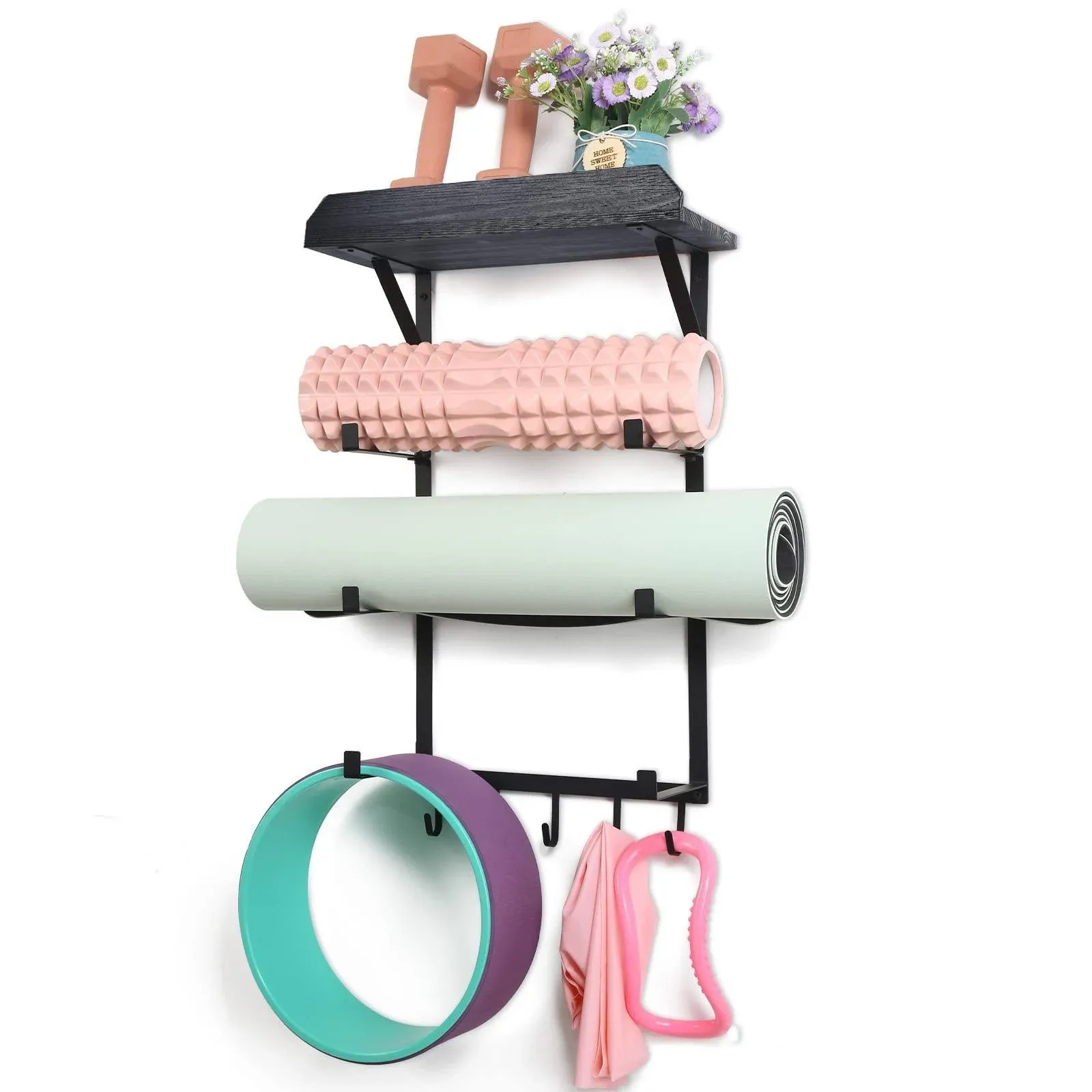 Yoga Mat Holder, Wall Mount Yoga Mat Rack Home Gym Accessories, Storage for Foam Roller, with Wood Floating Shelves and 5 Hooks for Hanging Yoga Strap and Resistance Bands