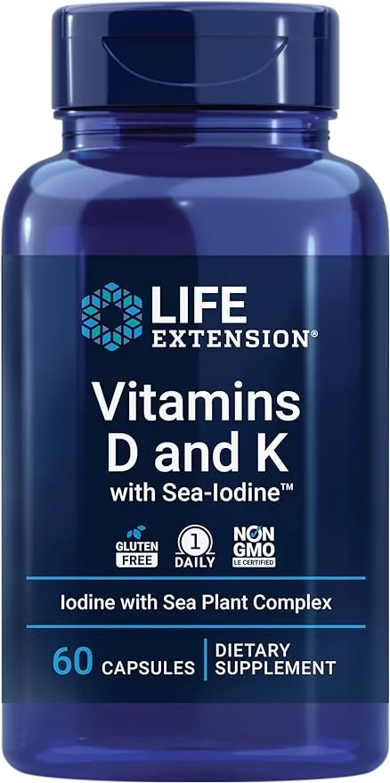 Life Extension 维生素 D 和 K，含海碘，维生素 D3、维生素 K1 和 K2、碘，支持免疫、骨骼、动脉和甲状腺健康，非转基因，无麸质，60 粒胶囊