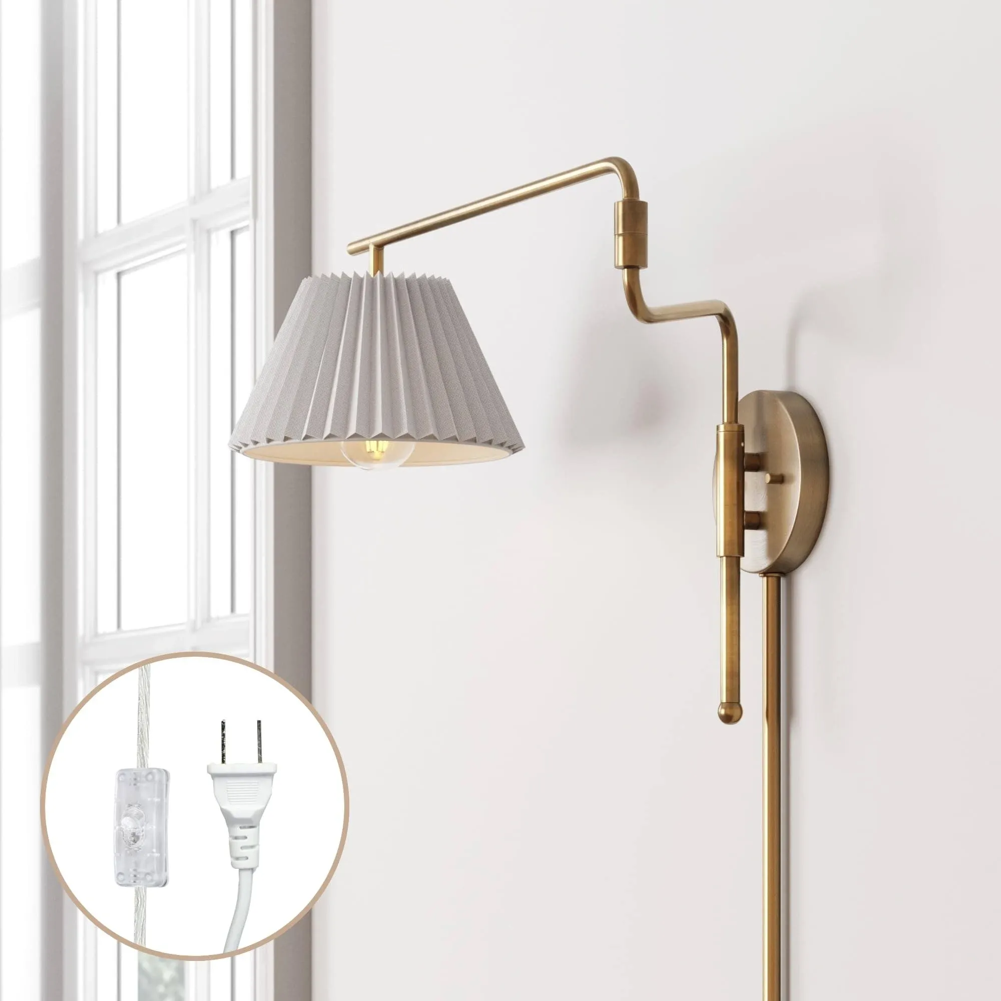 Nathan James Kai Modern Wall Mounted Plugin Bedside Reading Lamp with Pleated Shade, Vintaged Brass Finish