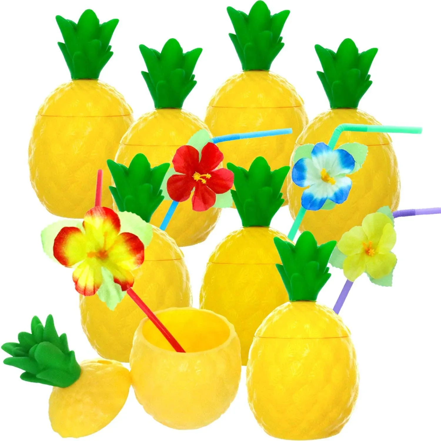 GiftExpress 12-Pack Plastic Pineapple Cups with Lids and Hibiscus Straws ...