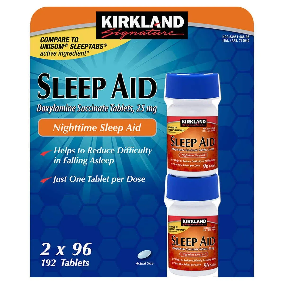 Kirkland Signature Sleep Aid Doxylamine Succinate 25 mg 2 Pack (192 Tablets)