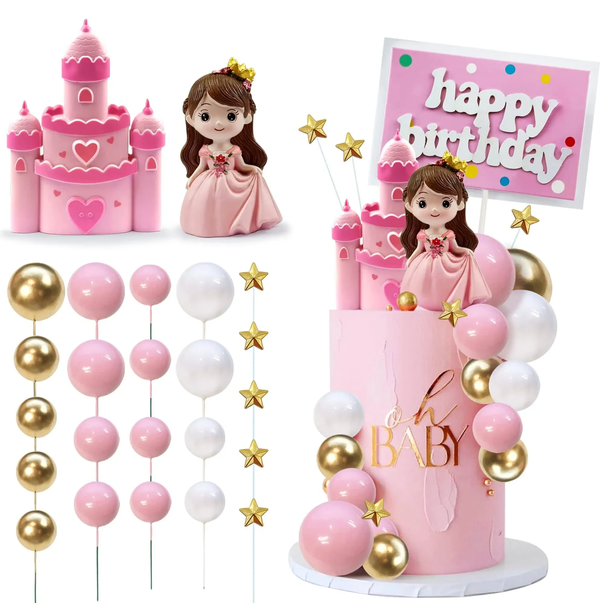 26PCS Princess Cake Topper Castle Cake Topper Girl Princess Cake Topper Happy Birthday Cake Decoration for Girl Birthday Princess Party Supplies