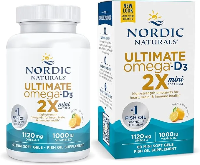 Nordic Naturals Ultimate Omega 2X Mini D3, Lemon Flavor - 60 Mini Soft Gels - 1120 mg Omega-3 + 1000 IU Vitamin D3 - Omega-3 Fish Oil - EPA & DHA - Promotes Brain & Heart Health - 30 Servings