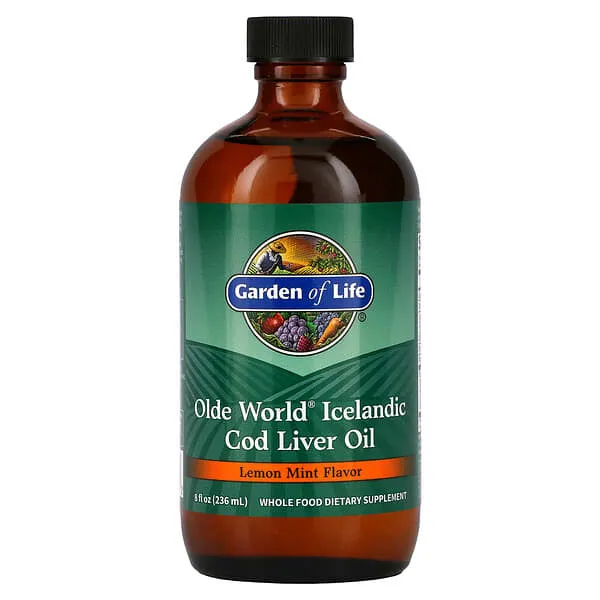 Garden of Life Olde World 冰岛鳕鱼肝油液体 - 柠檬薄荷味 - 1,000 毫克 Omega 3 鱼油、脂肪酸、EPA、DHA、维生素 D 和 A、CLO 鱼油补充剂，有益心脏健康，47 份