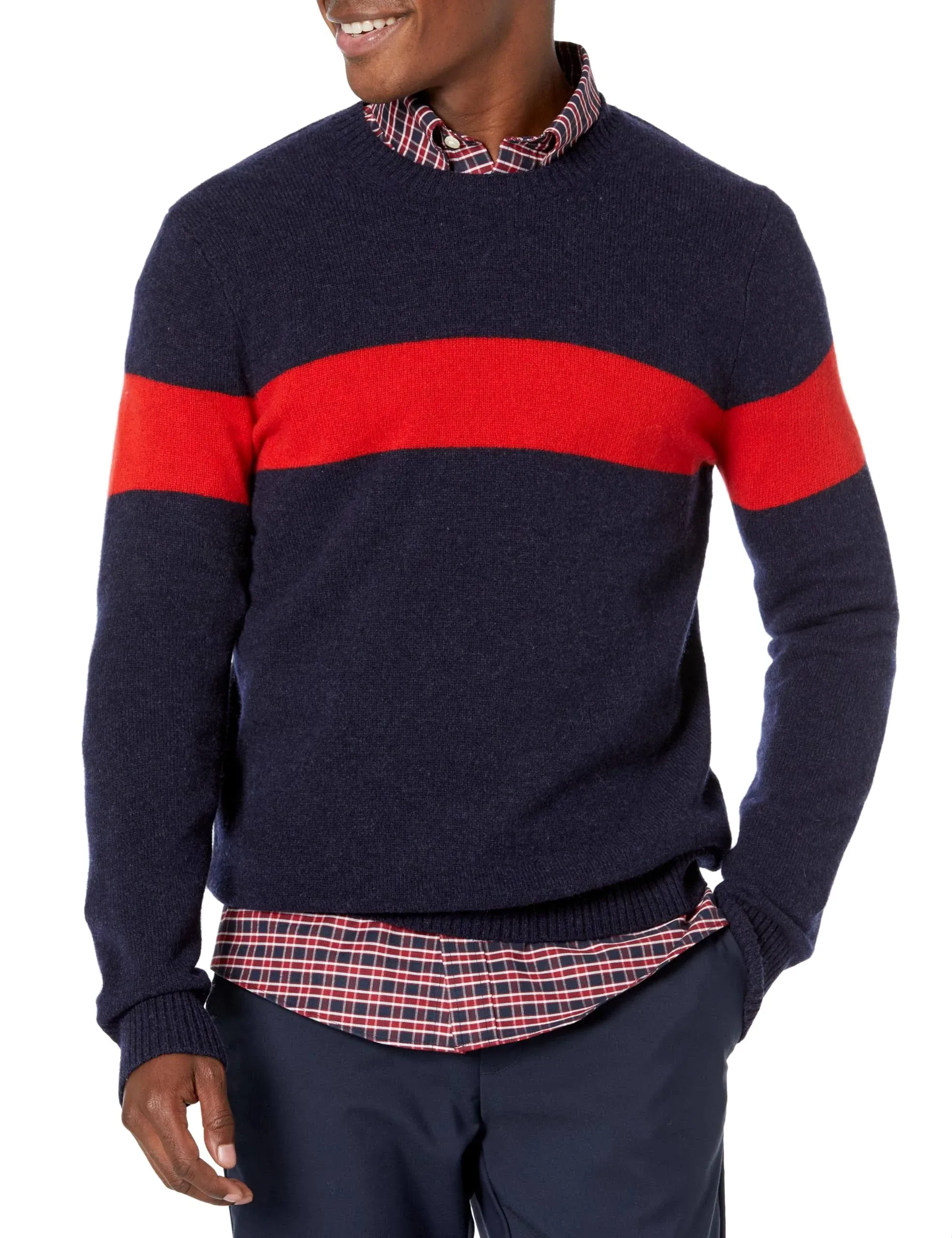 Brooks Brothers Chest Stripe Wool Crewneck Sweater in Navy/Red Stripe