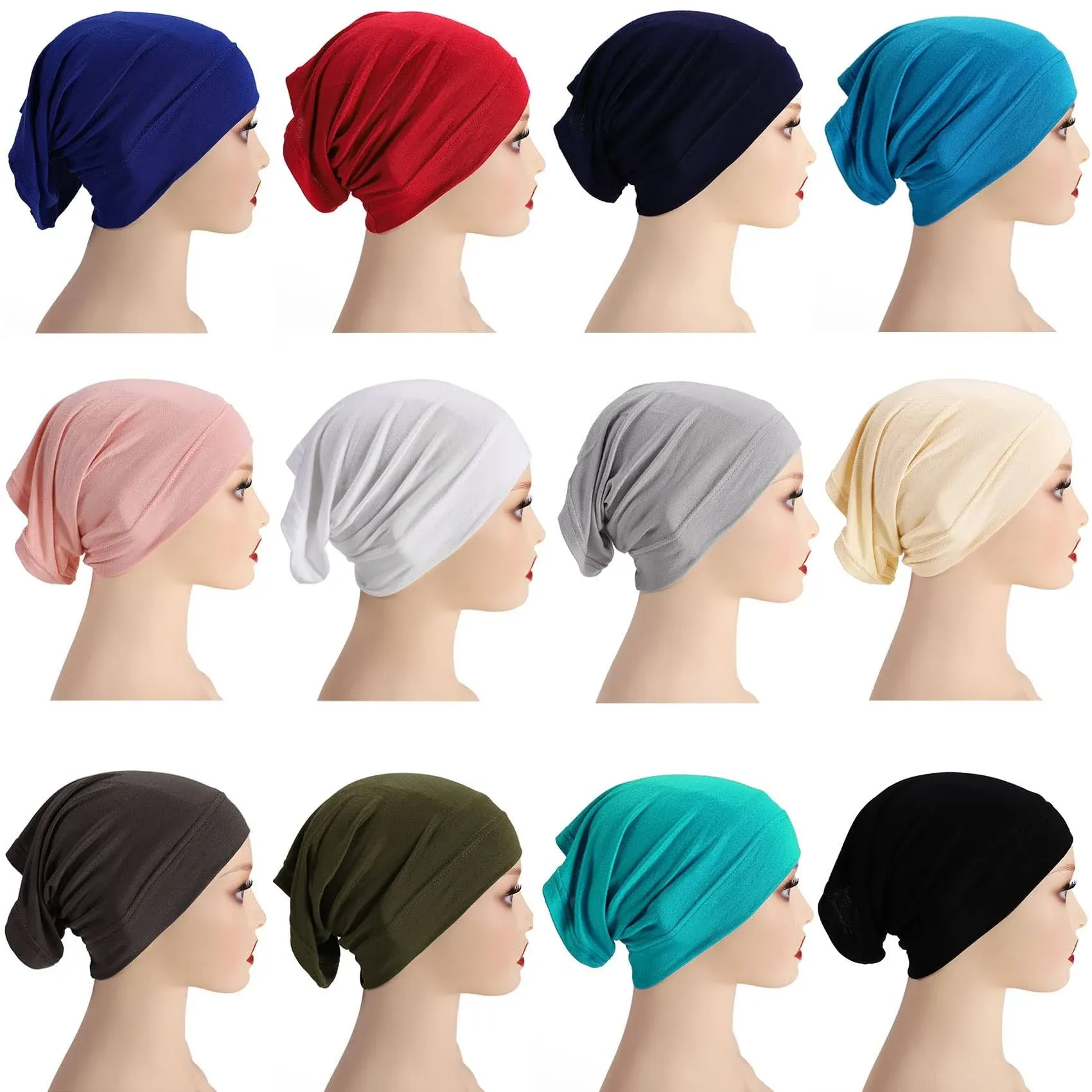 12 Pieces Under Scarf Hijab Cap for Turban Head Wraps Scarf Solid Color Hijab