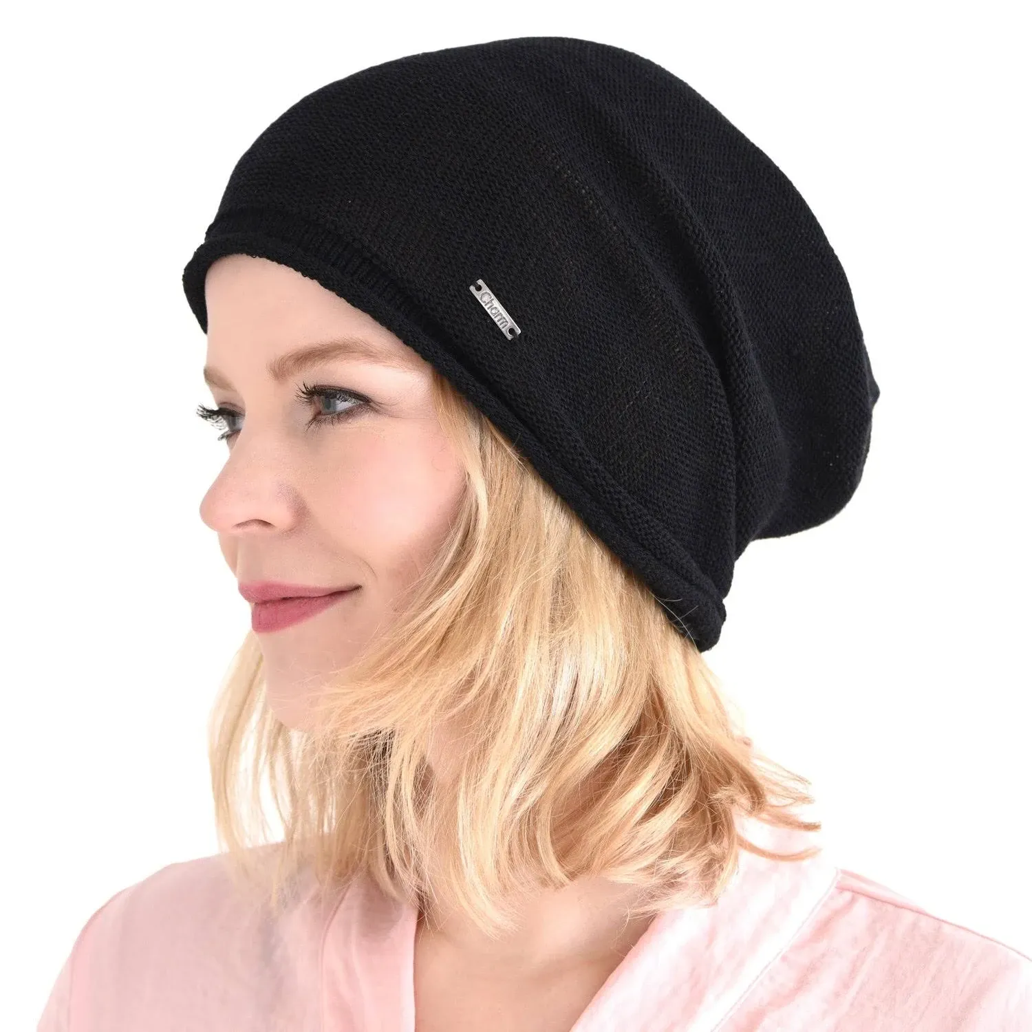 CHARM Men Slouchy Silk Beanie Hat - Women Slouch Chemo Cap Skull Knit Beanies Black