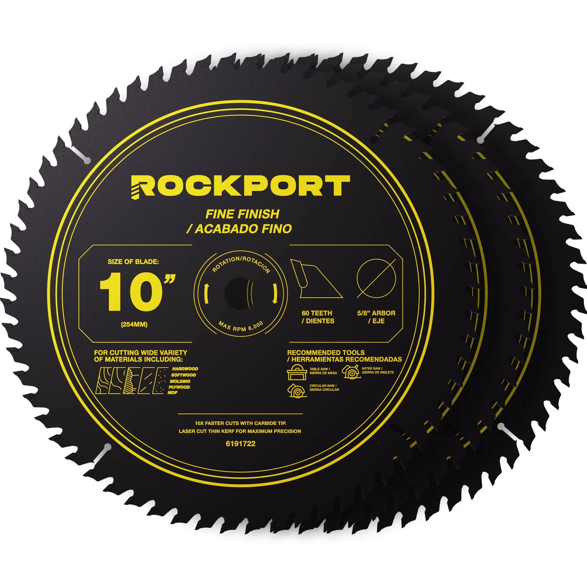 ROCKPORT Table Saw Blades 10 inch 60 Teeth - (3 Pack) 10" Table Saw Blades & 10 inch Miter Saw Blades, 5/8" Arbor, Multipupose Carbide Tip Circular Saw Blade for Fine Finish Cutting of Wood & Laminate