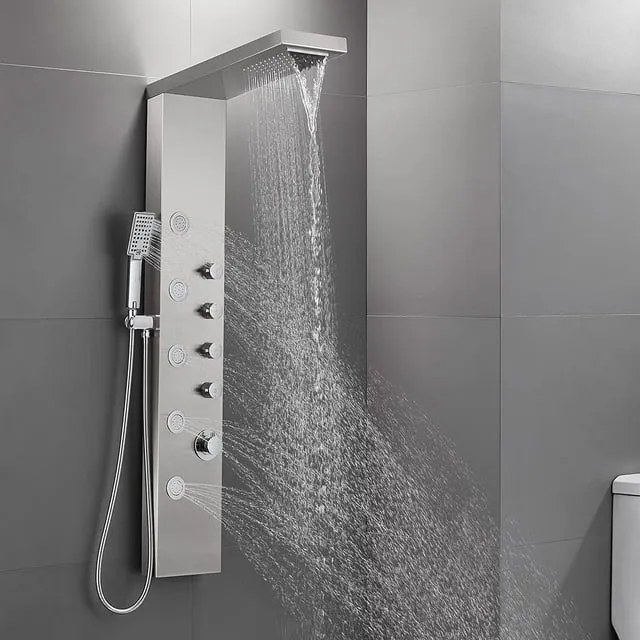 Zovajonia Shower Panel Tower System, Multi-Functions Stainless Steel Shower Tower, Waterfall Showerhead, Shower Jets, Rain Shower System Brushed Nickel