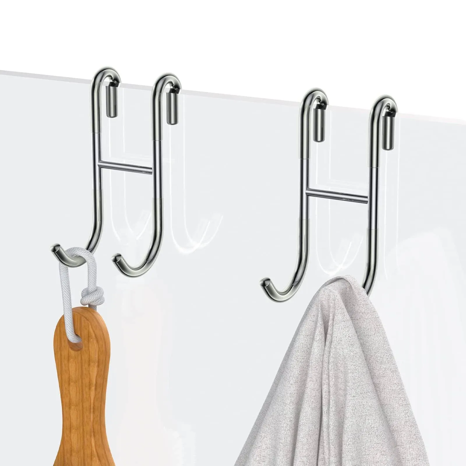 Over Shower Glass Door Hooks, 2 Pack Silver 304 Stainless Steel Shower Door Hooks, Bathroom Frameless Drilling-Free Hanger, Towel Hooks, for Bathing Suits, Robe, Towel, Squeegee, Loofah, Shaver