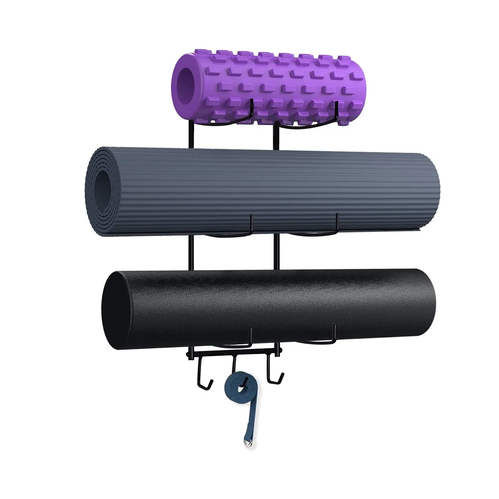 Wall Mount Yoga Mat Foam Roller and Towel Rack with 3 Hooks for Hanging Yoga